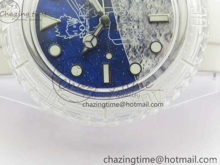 MiroTime 0129 Durable Submariner Phantomlab Transparent KZF Best Edition Blue Moon Dial on White Rubber Strap VR 2564